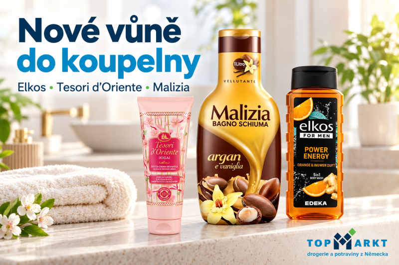 Sprchový gel Tesori d’Oriente Ikigai, koupelová pěna Malizia Argan and Vanilla a sprchový gel Elkos Power Energy